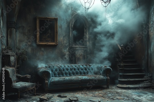 A haunting image of a dilapidated room with a dusty sofa and cobwebs.