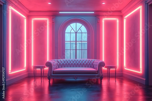Elegant living room with pink neon lights and white sofa