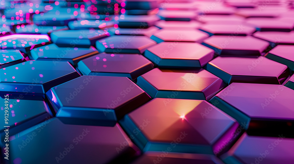 Abstract background with hexagon honeycomb technology futuristic neon light with bokeh effect innovation concept and blue pink ultraviolet color Abstract background with hexagon honeycomb technology futuristic neon light with bokeh effect innovation concept and blue pink ultraviolet color