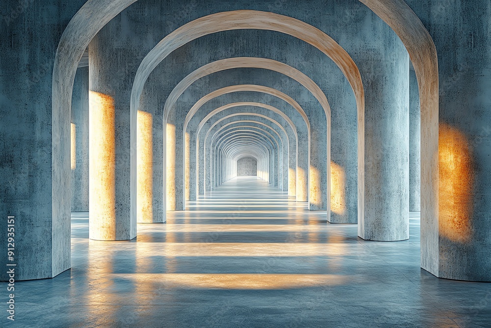 A long corridor lined with concrete arches and pillars, bathed in warm sunlight. A long corridor lined with concrete arches and pillars, bathed in warm sunlight.