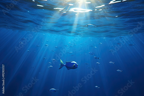 Deep blue sea underwater scete with a school of fish swimming in tranquility. photo