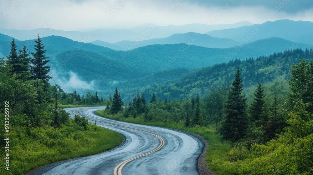 Serene Mountain Drive Through Misty Pine Forests on a Curvy Road Serene Mountain Drive Through Misty Pine Forests on a Curvy Road