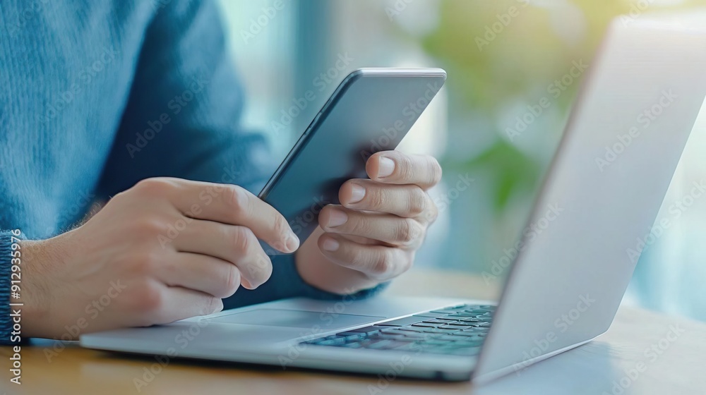 Closeup of hands holding a smartphone with a laptop in the background. Closeup of hands holding a smartphone with a laptop in the background.