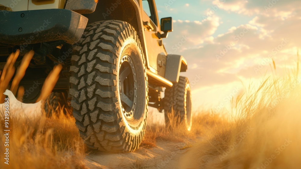 Off road vehicle with big tires on a dirt road in the sunset light. The setting sun casts a warm glow across the scene. Off road vehicle with big tires on a dirt road in the sunset light. The setting sun casts a warm glow across the scene.