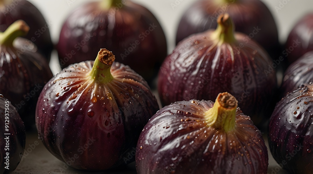Fototapeta premium One single ripe fig, with dark purple skin and green stalk, sits on a white background. Figs are perfectly round and smooth, with a glossy sheen.