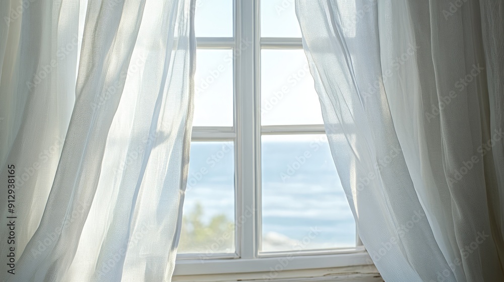 Open window with white curtains gently fluttering in the breeze, captured in a soothing close-up Open window with white curtains gently fluttering in the breeze, captured in a soothing close-up