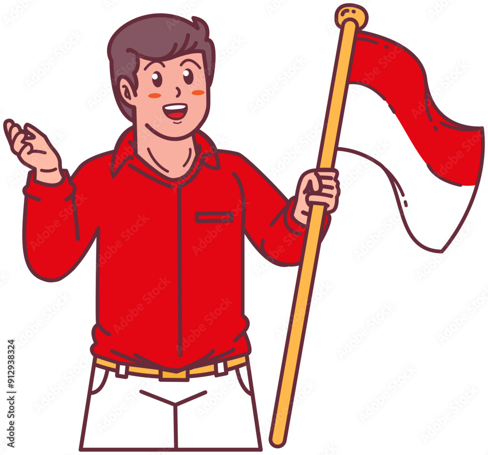 A young man carrying the Indonesian flag, happy Indonesian independence day A young man carrying the Indonesian flag, happy Indonesian independence day