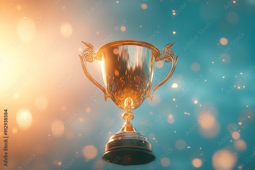 A gold trophy with ornate handles sits against a blue and orange bokeh background. A gold trophy with ornate handles sits against a blue and orange bokeh background.