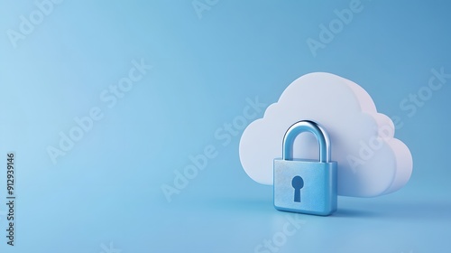 3D cloud icon with padlock signifying cloud security, data protection, and online privacy on a blue background.