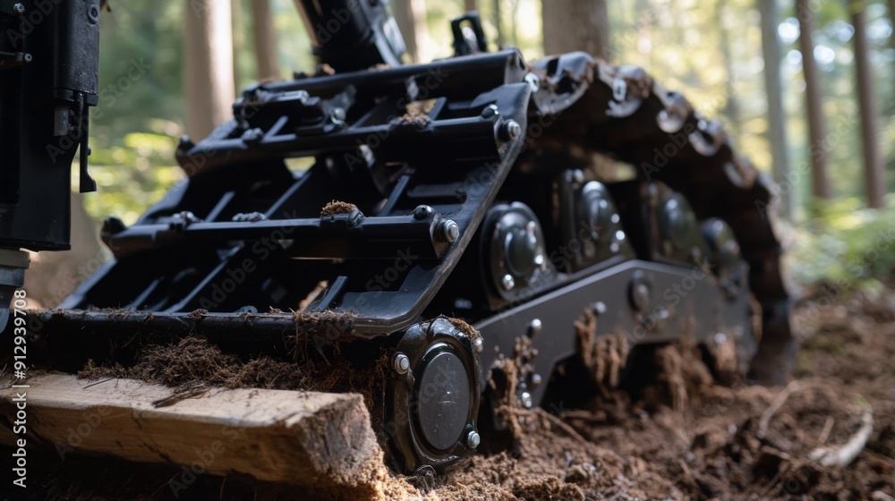 A tracked vehicle is navigating through a forest clearing, with its wheels partially embedded in the rich brown soil. A tracked vehicle is navigating through a forest clearing, with its wheels partially embedded in the rich brown soil.