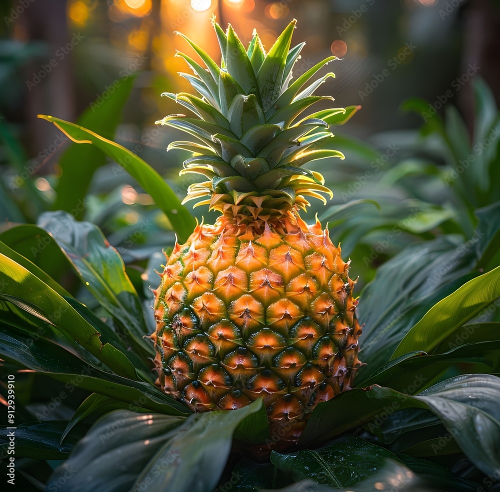 Obraz premium Ripe pineapple with leaves in sunlight in natural background.
