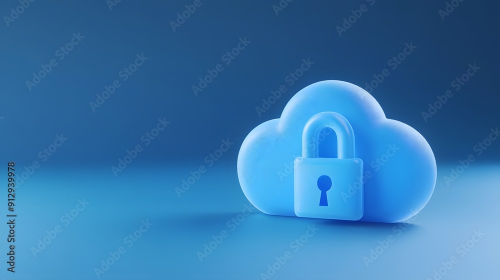 3D illustration of a blue cloud with a lock, symbolizing cloud security and data protection on a blue background. 3D illustration of a blue cloud with a lock, symbolizing cloud security and data protection on a blue background.