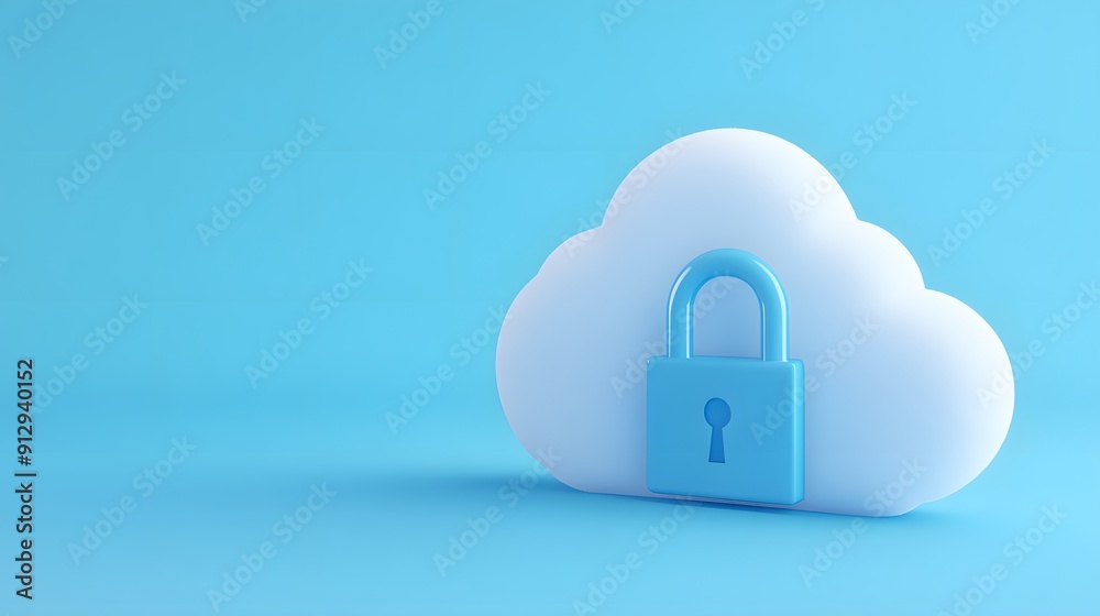 3D illustration of a blue cloud with a lock symbol, representing cloud security and data protection against blue background. 3D illustration of a blue cloud with a lock symbol, representing cloud security and data protection against blue background.