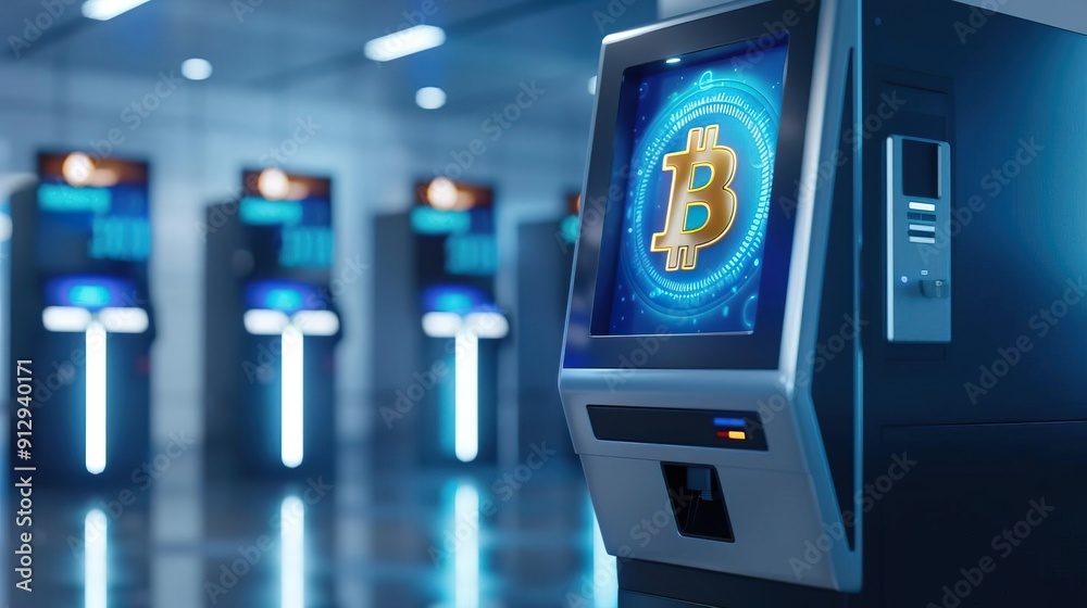 Futuristic ATM dispensing golden cryptocurrency tokens, noir setting. Futuristic ATM dispensing golden cryptocurrency tokens, noir setting.