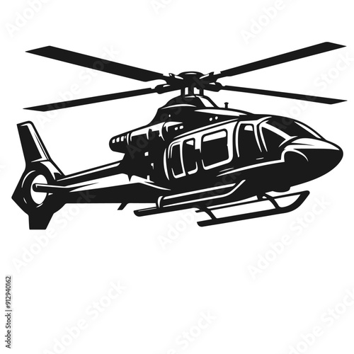 Black and white vector silhouette of a helicopter isolated on white background