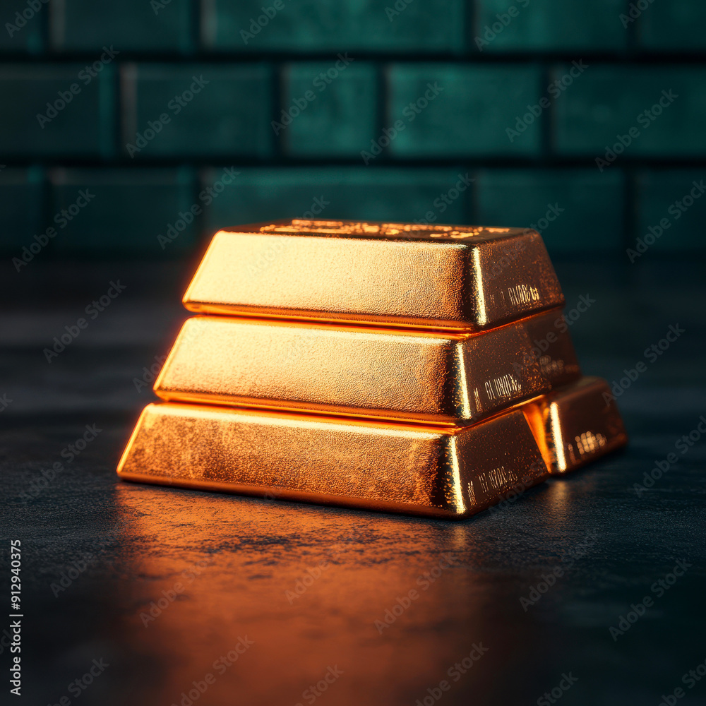Three gleaming gold bars stacked elegantly on a dark surface, symbolizing wealth and luxury against a textured backdrop. Three gleaming gold bars stacked elegantly on a dark surface, symbolizing wealth and luxury against a textured backdrop.