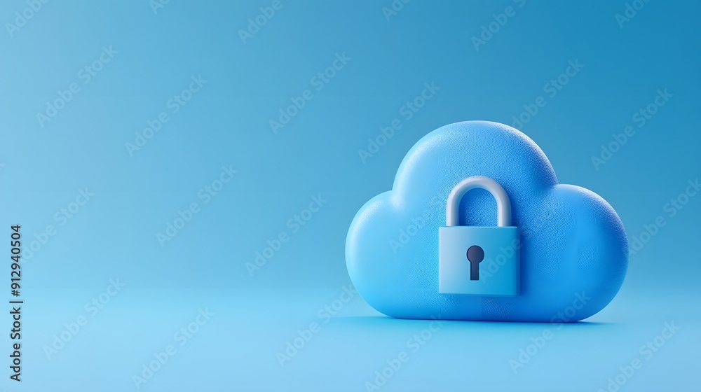 3D illustration of a blue cloud with a padlock on a blue background representing cloud security and data protection. 3D illustration of a blue cloud with a padlock on a blue background representing cloud security and data protection.