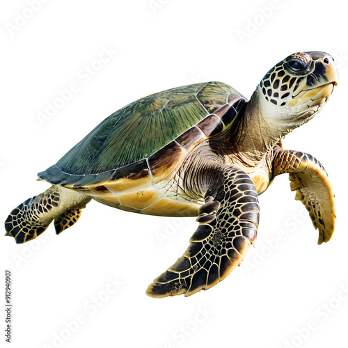  A majestic sea turtle gliding through the water, its shell a mosaic of browns and greens. Transparent PNG for versatile use. Perfect for educational resources, marine conservation projects, or design photo
