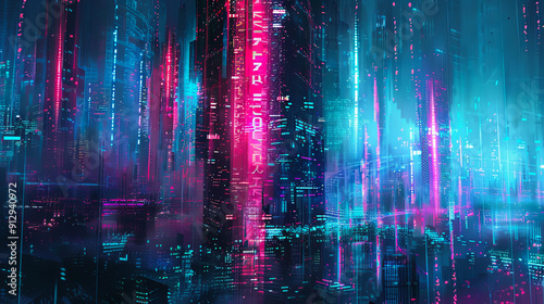 Futuristic cyberpunk city night with glowing neon lights modern buildings urban landscape digital art illustration concept art