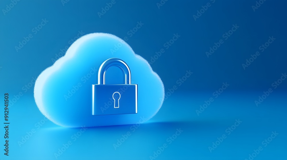 3D illustration of a cloud with a padlock, symbolizing cloud security, data protection, and secure online storage. Blue background. 3D illustration of a cloud with a padlock, symbolizing cloud security, data protection, and secure online storage. Blue background.