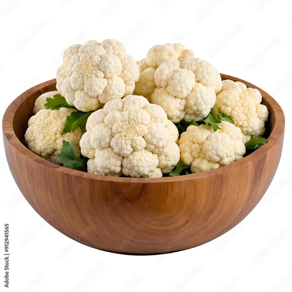 A wooden bowl overflowing with fresh cauliflower florets and garnished with parsley. Transparent PNG for versatile use. Perfect for food blogs, recipe websites, or health publications. A wooden bowl overflowing with fresh cauliflower florets and garnished with parsley. Transparent PNG for versatile use. Perfect for food blogs, recipe websites, or health publications.
