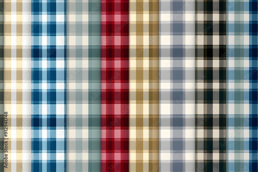 A seamless pattern of 6 vertically aligned plaid designs with varying shades of red, blue, green, black, yellow, and white. A seamless pattern of 6 vertically aligned plaid designs with varying shades of red, blue, green, black, yellow, and white.
