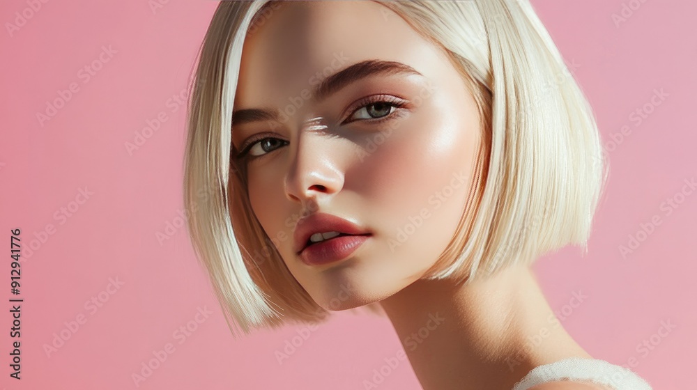 Stylish model with a sleek blonde bob, highlighting beauty trends and makeup in a professional photo shoot setting Stylish model with a sleek blonde bob, highlighting beauty trends and makeup in a professional photo shoot setting