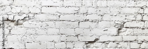 Painted Brick Wall. White Texture Panoramic Background of Old Whitewashed Brick Wall