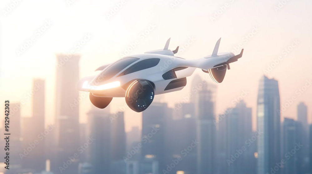 White futuristic flying car hovering over a city skyline at sunrise. White futuristic flying car hovering over a city skyline at sunrise.
