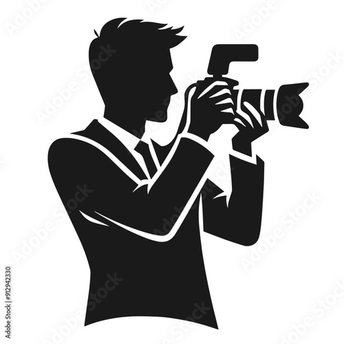 Black and white vector silhouette of a cameraman isolated on white background