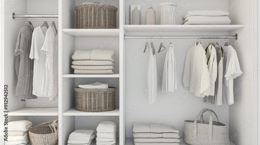 Stylish white wardrobe with open shelving and organized items