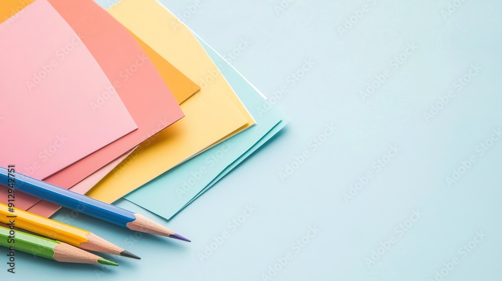 Colorful paper and pencils on a blue background. Colorful paper and pencils on a blue background.