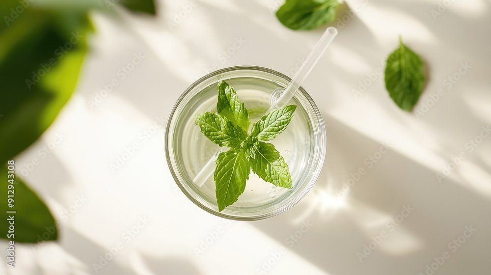Top-down view of a refreshing glass of water with fresh mint leaves and a straw, on a clean white surface Top-down view of a refreshing glass of water with fresh mint leaves and a straw, on a clean white surface