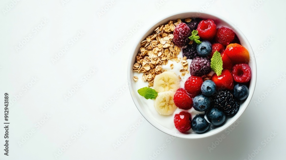 Top-down view of a wholesome breakfast bowl with Greek yogurt, granola, and colorful mixed fruits on a white background Top-down view of a wholesome breakfast bowl with Greek yogurt, granola, and colorful mixed fruits on a white background