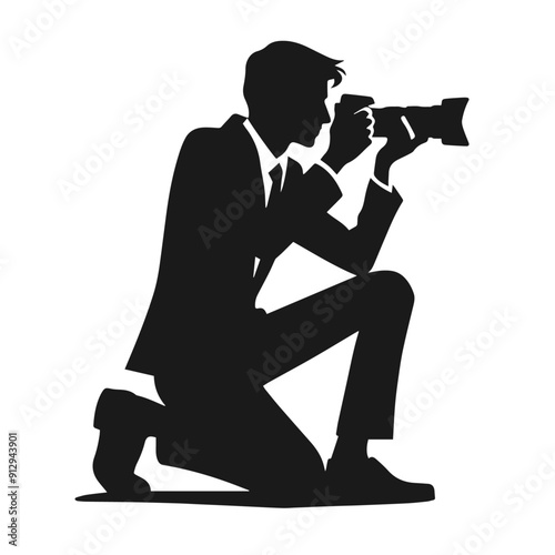 Black and white vector silhouette of a cameraman isolated on white background