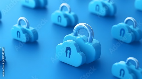 3D illustration of blue cloud icons with key locks on a blue background, representing cloud security and data protection.