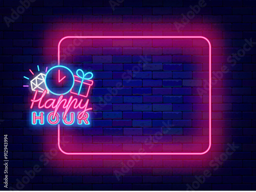 Happy hour neon banner. Empty pink frame and typography with alarm clock, diamond and gift. Night club, free drinks, bar counter and restaurant. Editable stroke. Copy space. Vector stock illustration