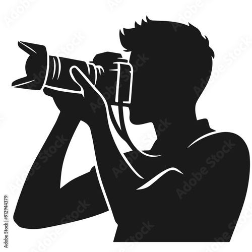 Black and white vector silhouette of a cameraman isolated on white background