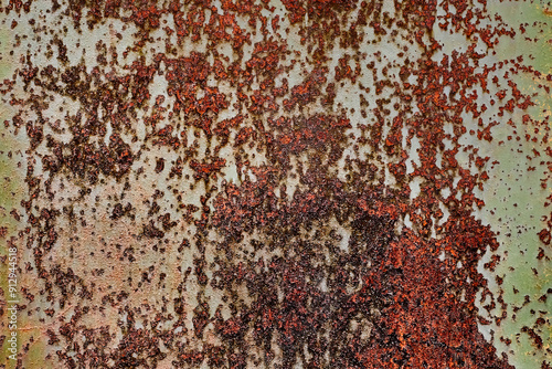 Backdrop of rusty surface of dark, brown, and orange hues. Detailed grunge rusted metal texture. Close-up of rust patterns, aged iron, scratched, worn, distressed areas, decay, corrosion details