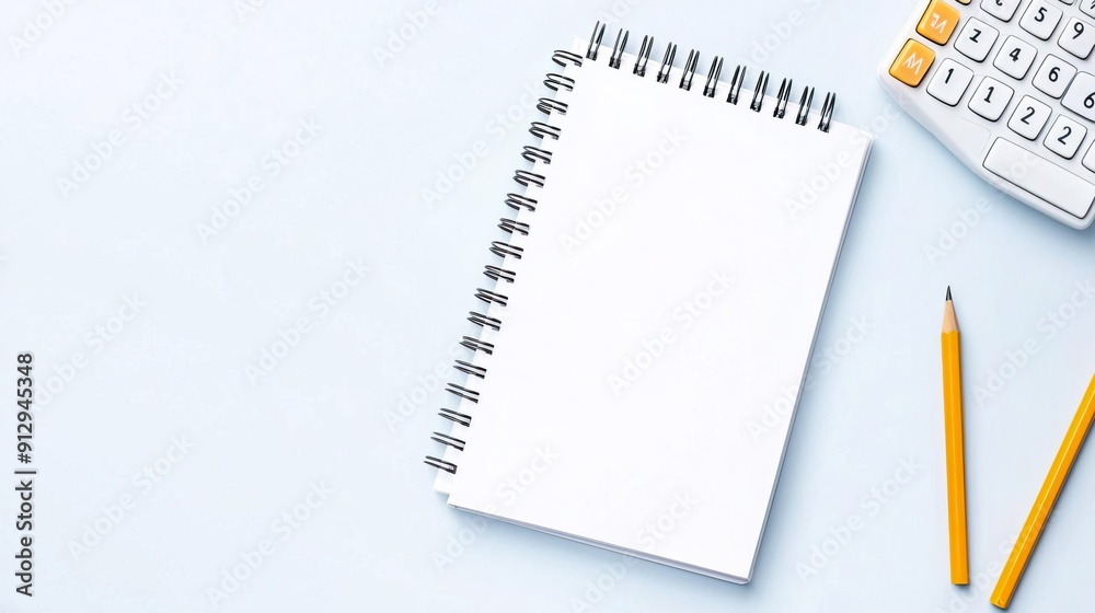 Blank notebook with pencils and calculator on a blue background.