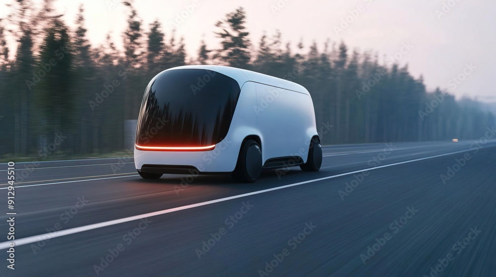 White electric car driving on a winding road through a green field. White electric car driving on a winding road through a green field.
