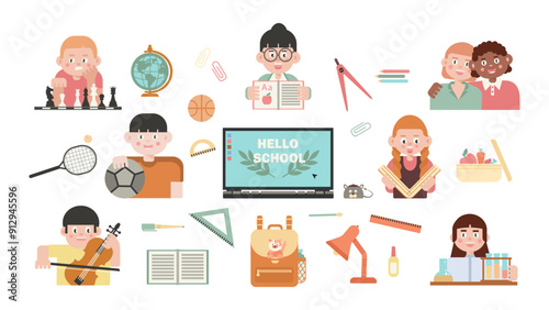 School set. Students in the process of learning. Set of cartoon students. Education. School supplies
