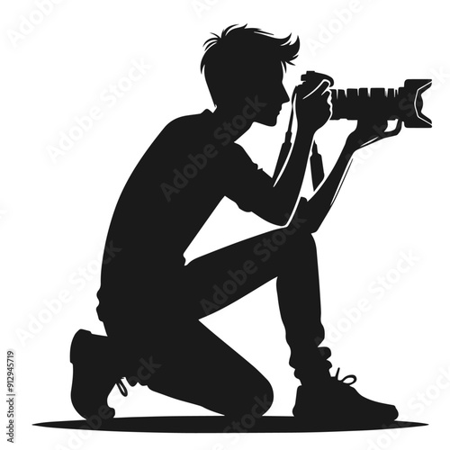 Black and white vector silhouette of a cameraman isolated on white background