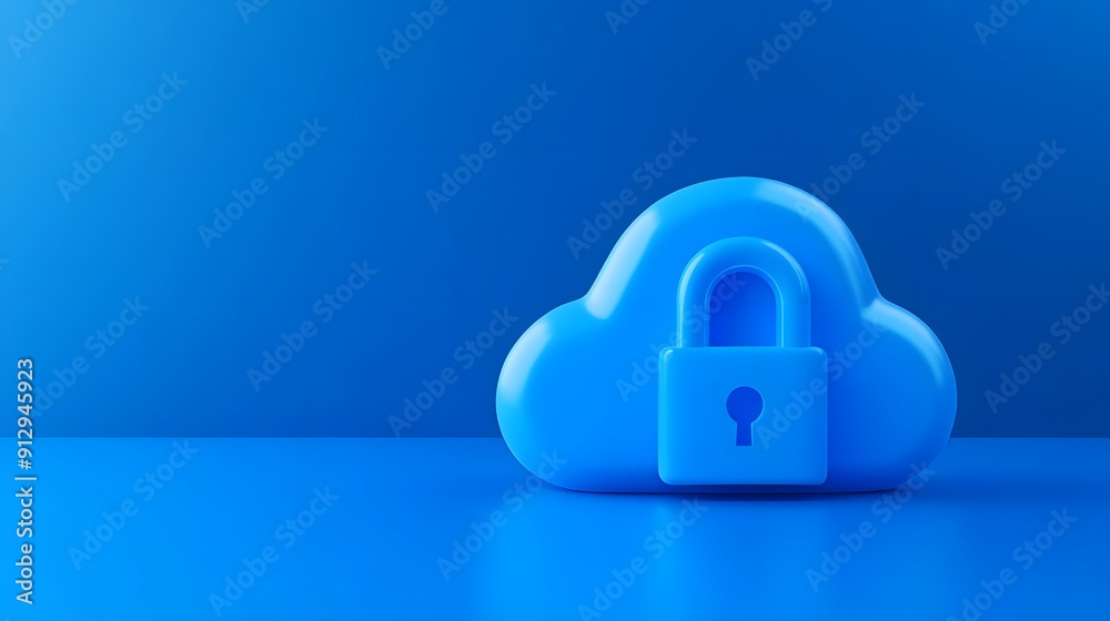 3D rendering of a blue cloud with a lock representing data security, encryption, and cloud storage on a blue background. 3D rendering of a blue cloud with a lock representing data security, encryption, and cloud storage on a blue background.