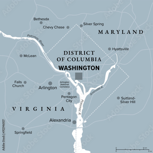Washington, D.C., gray political map. District of Columbia, capital city and federal district of the United States. Located on Potomac River, across from Virginia, sharing land borders with Maryland.