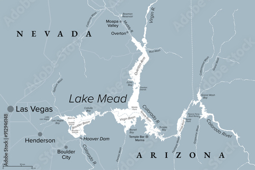Lake Mead, largest reservoir in the United States, gray political map. Formed by the Hoover Dam on Colorado River in Southwestern USA, located in the states of Nevada and Arizona, east of Las Vegas.