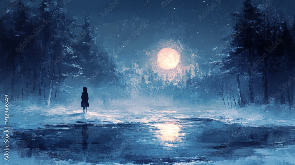 Obraz premium Anime Illustration: Child in Silhouette by a Snow-Covered Pond in a Moonlit Forest
