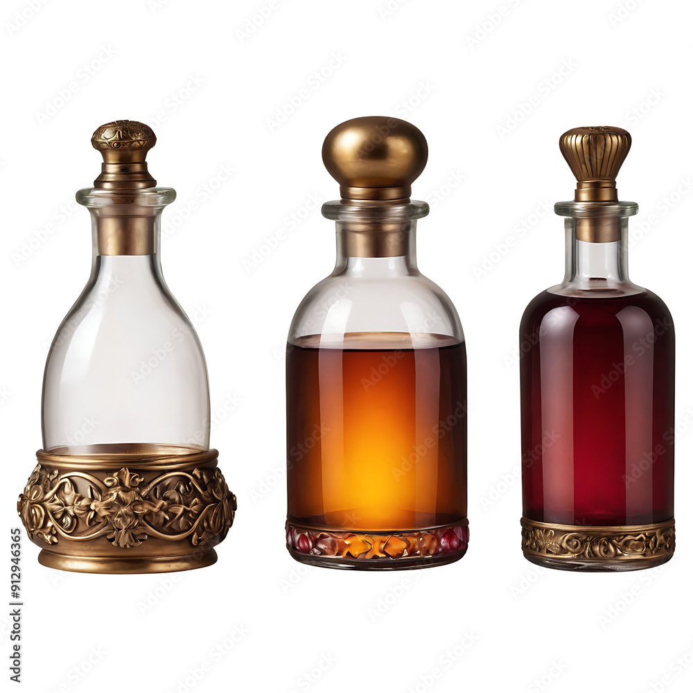 Three glass decanters with different shapes and stoppers. One is empty, one contains amber liquid, the last black liquid. Transparent PNG for versatile use. Perfect for beverage, bar, or restaurant-th Three glass decanters with different shapes and stoppers. One is empty, one contains amber liquid, the last black liquid. Transparent PNG for versatile use. Perfect for beverage, bar, or restaurant-th
