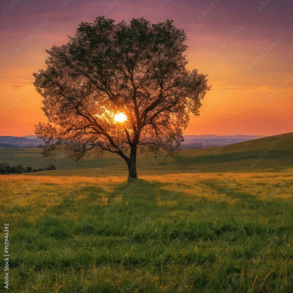 Big Tree Stands on the Meadow. Sunset Lighting. Beautiful Summer Evening Illustration. Big Tree Stands on the Meadow. Sunset Lighting. Beautiful Summer Evening Illustration.