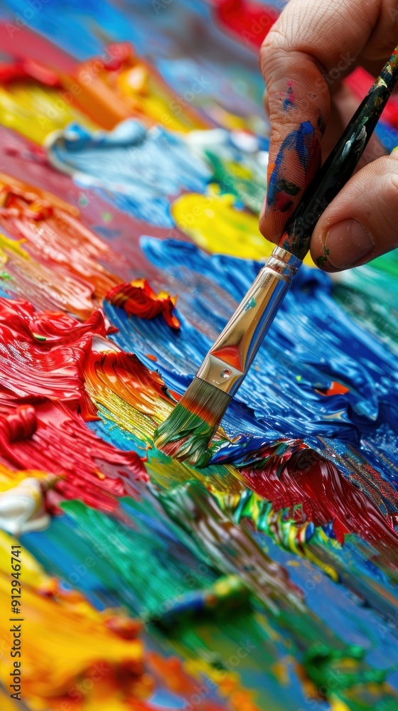 Fototapeta premium Close-up of a hand holding a paintbrush over a vibrant palette.